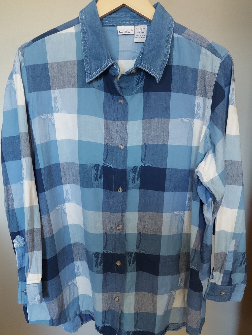 NorthCrest blue and white plaid button-down shirt Sz 2X (18-20)